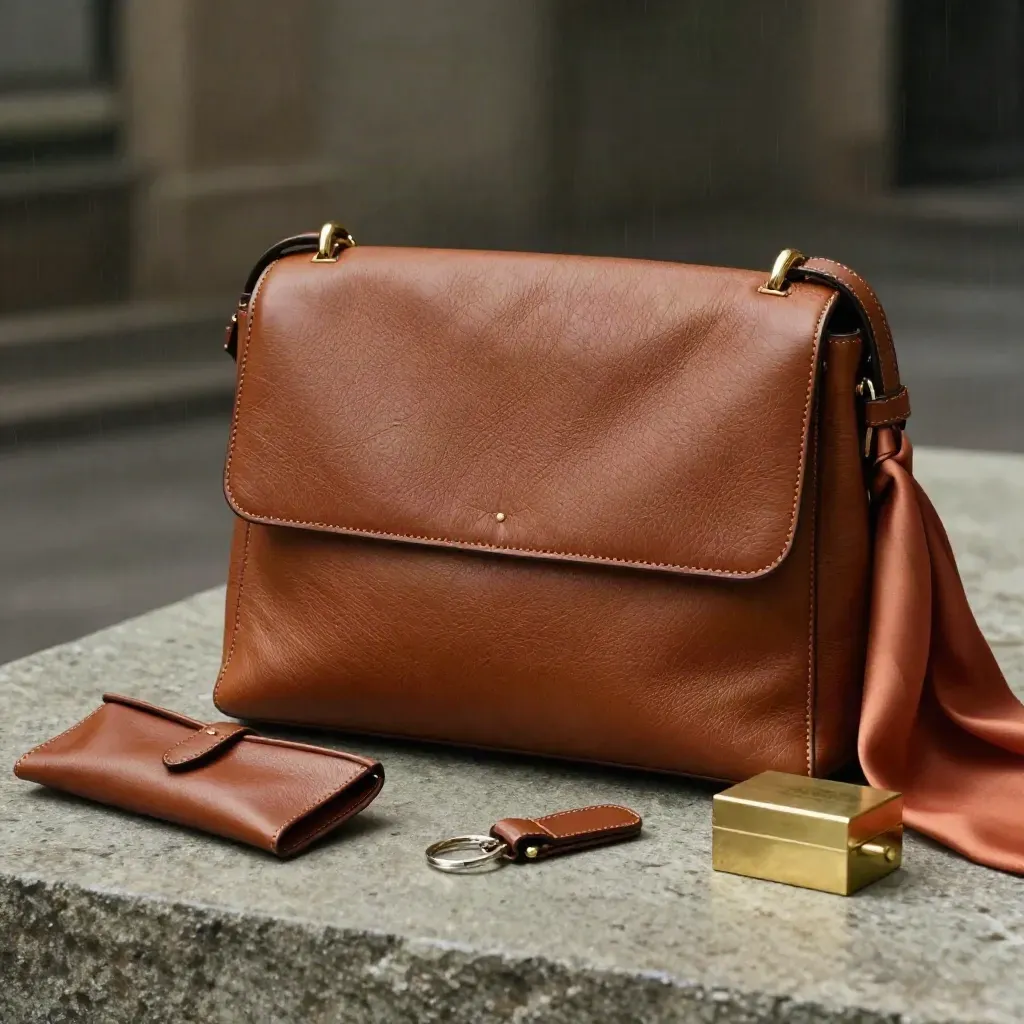 Borsa a tracolla in pelle cuoio con foulard, custodia occhiali e cofanetto in ottone.
