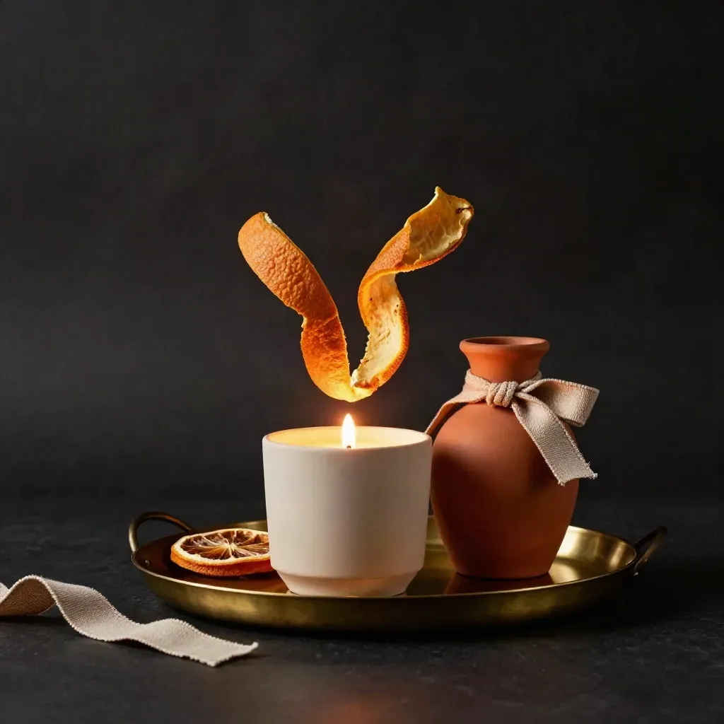 Set regalo con candela, vassoio e vaso in ceramica terracotta su sfondo scuro, con nastro e scorza d’arancia.