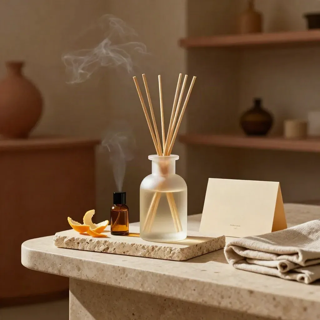 Diffusore agli agrumi in vetro satinato su vassoio in pietra con scorze d’arancia