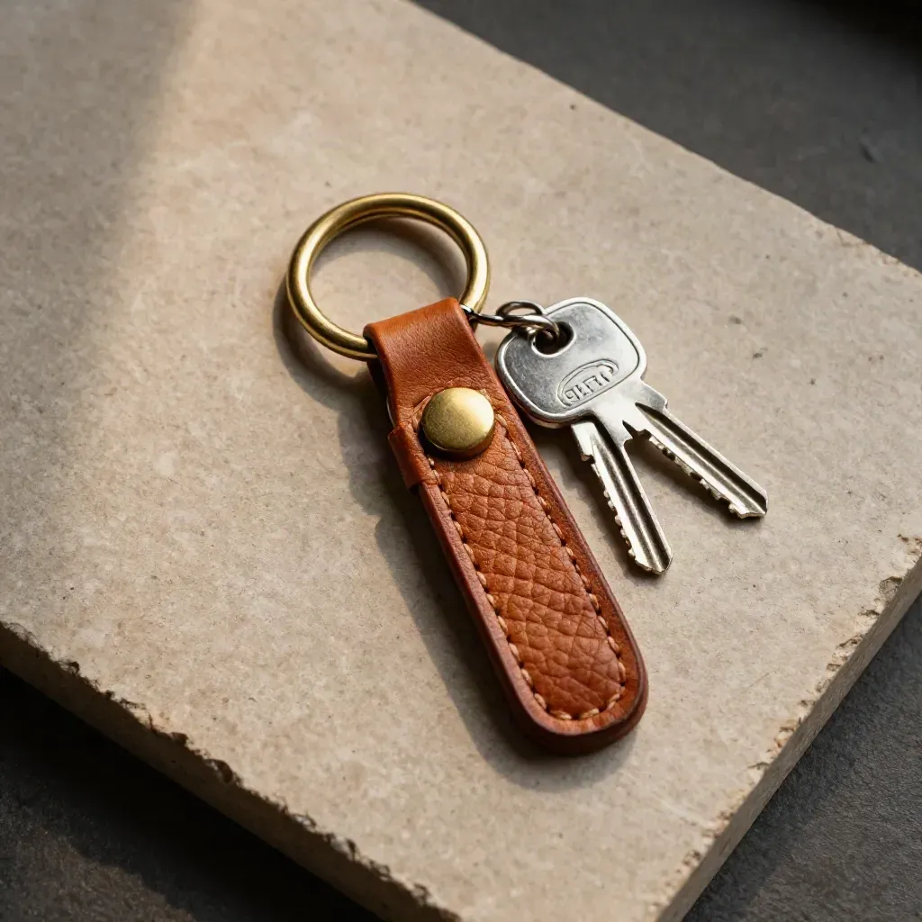 Portachiavi in cuoio con chiavi e anello in ottone su lastra di pietra chiara.