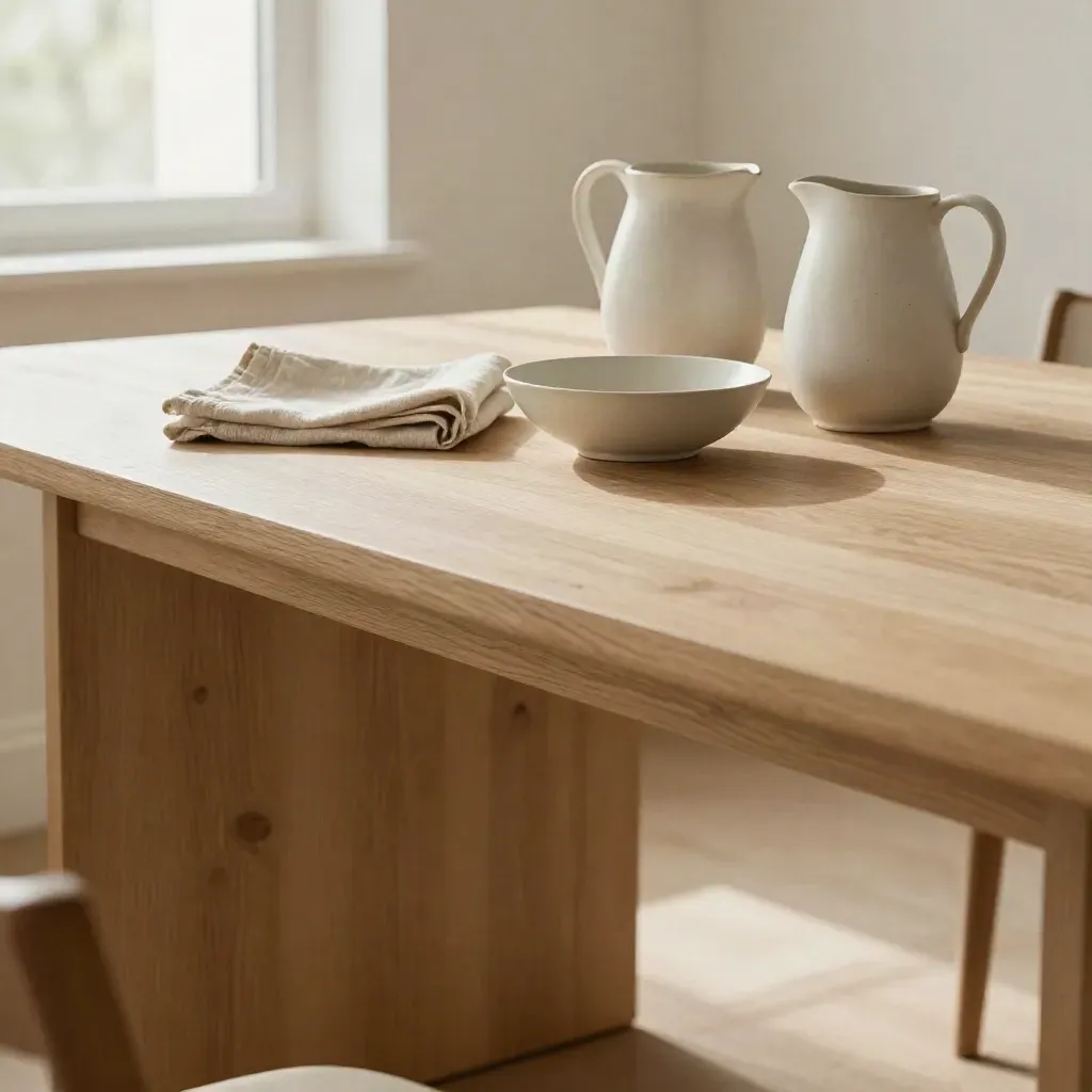 Tavolo in rovere con brocche ceramiche, lino e ciotola in una nicchia luminosa.